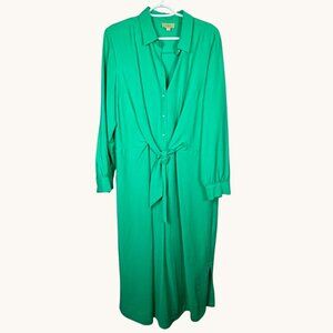 LOFT Green Midi Shirt Dress Tie Waist Long Sleeve Midi Casual Work Dress Size 14